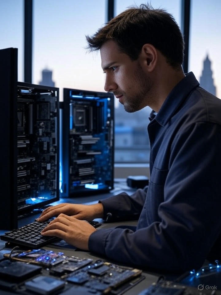 Técnico configurando servidor en centro de datos Madrid